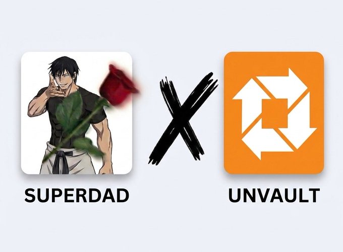 A graphic showing an anime-style character labeled 'SUPERDAD' next to an 'X' and an orange icon labeled 'UNVAULT'.