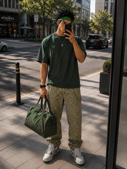 A young man in a dark green t-shirt, patterned olive pants, and a green headband takes a mirror selfie on a city street, holding an olive green duffle bag with 'WV' branding.