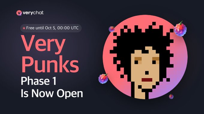 A promotional graphic for 'Very Punks Phase 1 Is Now Open' by Verychat, featuring a pixel art character on a pink background.