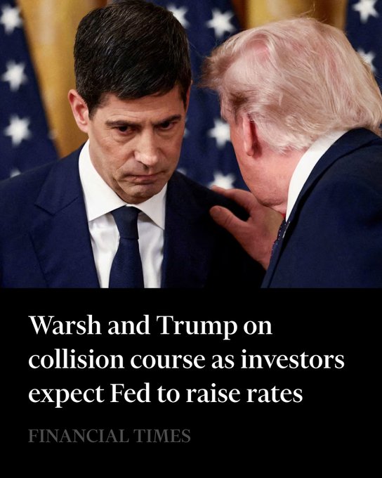 Paul Volcker-style face-off: Kevin Warsh (left) listens as Donald Trump (right) leans in close during a tense exchange, with American flags behind them. The Financial Times caption reads "Warsh and Trump on collision course as investors expect Fed to raise rates." The image illustrates the policy tension at the heart of the post's discussion of long-duration Treasury instruments (TLT, TMF, TBT) on Binance, where Fed leadership disputes and rate expectations directly drive these leveraged Treasury products in both directions.
