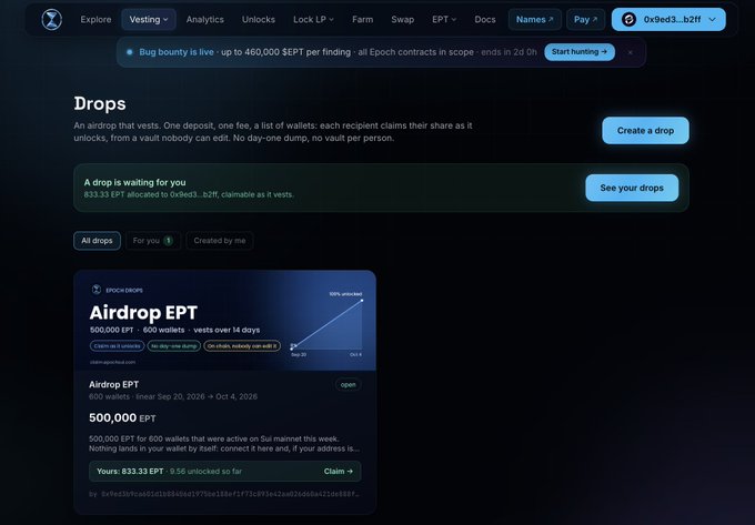 A screenshot of the 'Drops' page on a cryptocurrency vesting platform, showing an 'Airdrop EPT' offering 833.33 EPT claimable.