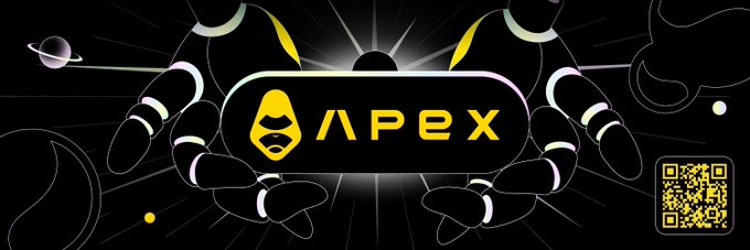 The image shows a stylized graphic featuring two hands holding a yellow "APEX" logo banner with a monkey/ape mascot icon, set against a black background with cosmic and gaming-themed elements like planets and card suits. A QR code appears in the bottom right corner, and the design ties to the post's announcement of becoming an official affiliate of @OfficialApeXdex with a "win together" theme.