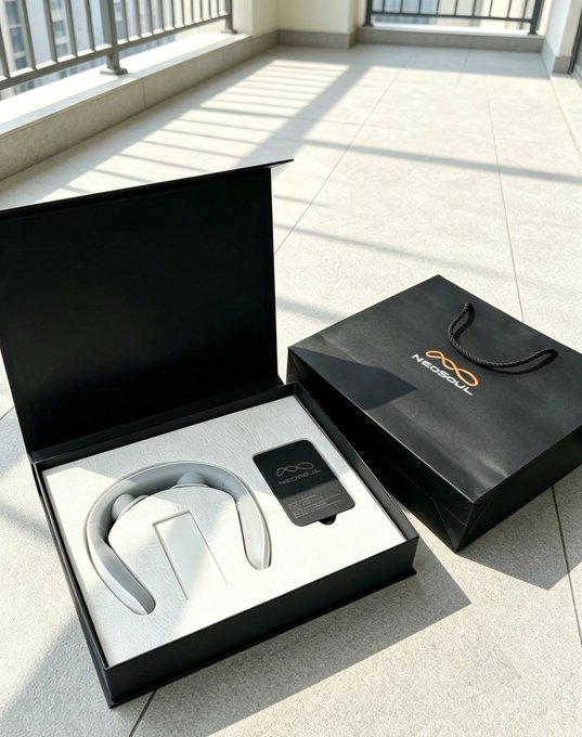 An unboxed Necksound wearable audio device displayed in its black packaging alongside a matching carrying bag on a balcony with city views.