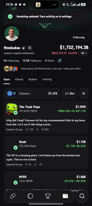 A mobile screenshot of a Pump.fun profile for user @mdudas showing a venture capital enthusiast with a portfolio balance of $1,752,194.38 and holdings like 'The Toad Pepe' and 'Bank' with significant percentage gains.