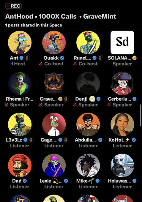 A screenshot of a Twitter Space recording titled 'AntHood • 1000X Calls • GraveMint' showing multiple speaker avatars including Ant, Quakk, RuneL, Rhema, Grave..., Denji, and Cerberius.