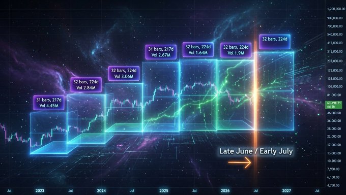 A futuristic neon space-themed chart displays Bitcoin's projected price progression from 2023 to 2027, with vertical markers at $1,200,000 and highlighted boxes showing "31 bars, 217d Vol 4.45M" through "32 bars, 224d Vol 1.59M," pointing toward "Late June / Early July." The image visualizes the multi-year cycle theory referenced in the post, which criticizes analysts who incorrectly predicted a 4-year cycle low in October, arguing that those pushing cycle narratives without understanding them caused significant harm to followers who missed Bitcoin's continued upward trajectory.