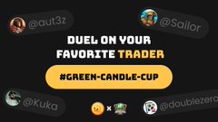 A trading competition graphic reads "DUEL YOUR FAVORITE TRADER #GREEN-CANDLE-CUP" featuring handles @aut3z, @Sailor, @KuKa, and @doublezero.