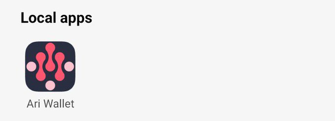 The image shows a "Local apps" section displaying the Ari Wallet app icon. The "wen shutdown announcement" post likely refers to speculation or anticipation about the Ari Wallet app potentially shutting down, as the image only shows this single local app listed.