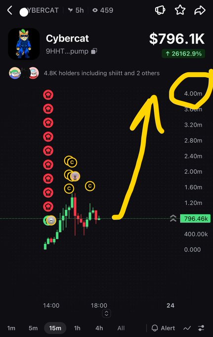 A chart of the 'Cybercat' cryptocurrency showing a massive price increase to '$796.1K' with a green '+26162.9%' indicator. A hand-drawn yellow arrow and circles highlight specific points on the graph.