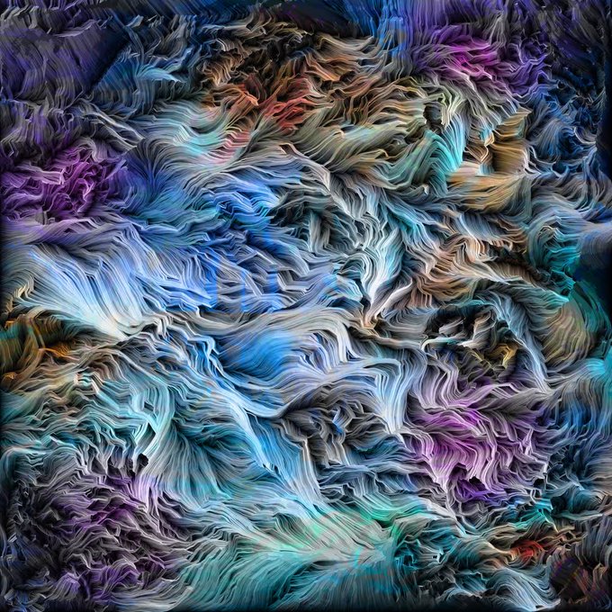 An abstract digital artwork featuring swirling, textured patterns in vibrant hues of blue, purple, teal, and brown.