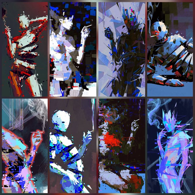 The image features a collection of nine different artworks, each depicting a person smoking a cigarette. These artworks are arranged in a grid format, showcasing various styles and techniques used by the artists. The artworks vary in size, shape, and color palette, creating an interesting visual experience for viewers. The post encourages viewers to share their favorite pieces on Tezos, highlighting the diversity of artistic expressions captured within this collection.