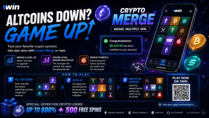 A promotional advertisement for "1win" casino titled "ALTCOINS DOWN? GAME UP! CRYPTO MERGE" showing a phone with crypto-themed slot game and offering up to 600% + 500 free spins bonus.