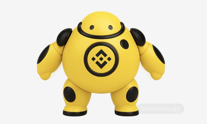 A plump yellow and black round-headed robot features the Binance diamond logo on its chest, matching the post's description of BINA, the "unofficial but most official-like" mascot of the Binance community.