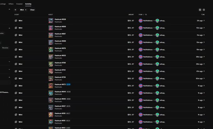 The image displays an "Activity" panel listing multiple Hashcats NFT trades (Hashcat #938, #899, #897, etc.), all minted from NullAddress, each priced at $29.57 with varying time gaps of up to 50 minutes ago. This aligns with the post's message about hunting down Hashcats early, showing a rapid succession of similar listings that suggest quick buying activity in the collection.