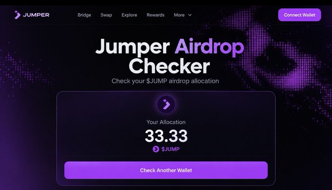 A screenshot of a 'Jumper Airdrop Checker' website showing an allocation of '33.33 $JUMP' with a purple 'Check Another Wallet' button.