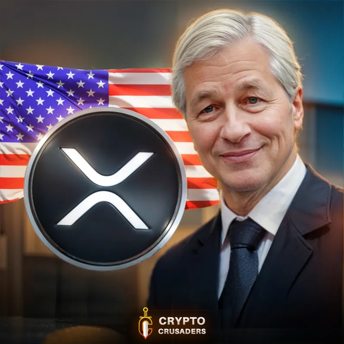 A man in a suit standing in front of an American flag with an XRP (Ripple) logo, labeled 'Crypto Crusaders' at the bottom.