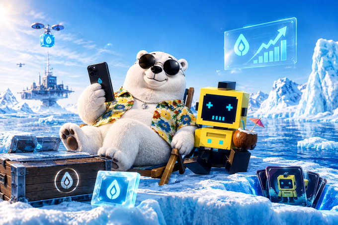 A 3D-rendered cartoon polar bear wearing sunglasses and a Hawaiian shirt holds a phone while relaxing in a tropical arctic scene with a yellow robot companion and crypto-themed holographic screens.