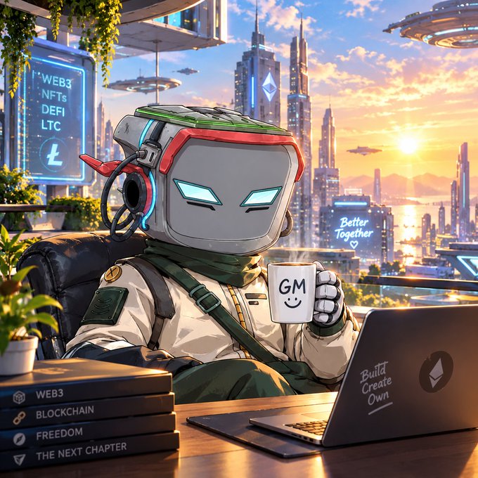 A digital illustration of a futuristic robot with a square head holding a coffee mug labeled 'GM' with a smiley face, sitting at a desk with a laptop and books labeled 'WEB3', 'BLOCKCHAIN', 'FREEDOM', and 'THE NEXT CHAPTER' against a futuristic cityscape backdrop featuring a 'Better Together' sign and a 'WEB3 NFTs DEFI LTC' display.