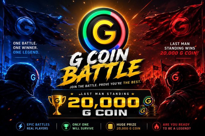 A promotional banner for a "G Coin Battle" tournament featuring a giant glowing "G" logo, helmets, and soldiers in red and blue lit arenas, advertising a "Last Man Standing" prize of 20,000 G Coin ($GCOIN) and inviting players to join via the link discord.gg/WaDCDYEd.