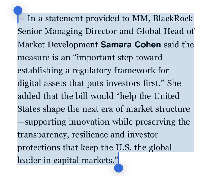 A highlighted text excerpt quoting BlackRock's Samara Cohen describing the measure as an 'important step toward establishing a regulatory framework for digital assets that puts investors first.'