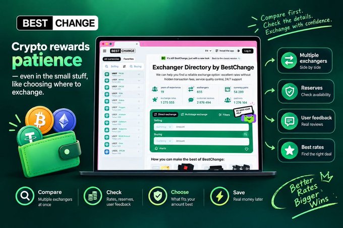 A promotional graphic for 'BEST CHANGE' showing a laptop with their cryptocurrency exchanger directory, accompanied by text like 'Crypto rewards patience', 'Compare first. Check the details.', and 'Better Rates, Bigger Wins', alongside icons for Bitcoin, Ethereum, and Tether.