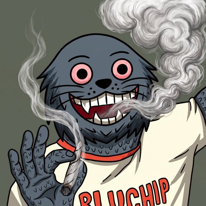 An illustrated gray cat-like creature with a wide toothy grin, smoking a joint, wearing a shirt that reads 'BLUNCHIP' with smoke billowing in the background.