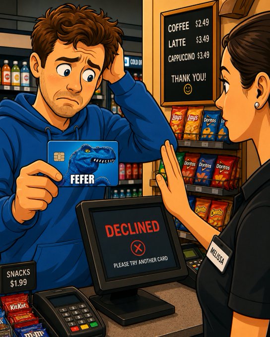 An illustrated cartoon scene at a store checkout where a man in a blue hoodie looks distressed as the card reader displays 'DECLINED' with 'PLEASE TRY ANOTHER CARD', while a cashier named 'Melissa' gestures toward him, with coffee prices ($2.49, $3.49, $3.49) visible on a menu board.