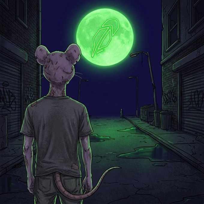 An illustrated rat-like humanoid character with a tail stands in a dark alleyway looking up at a glowing green moon bearing a stylized leaf logo.