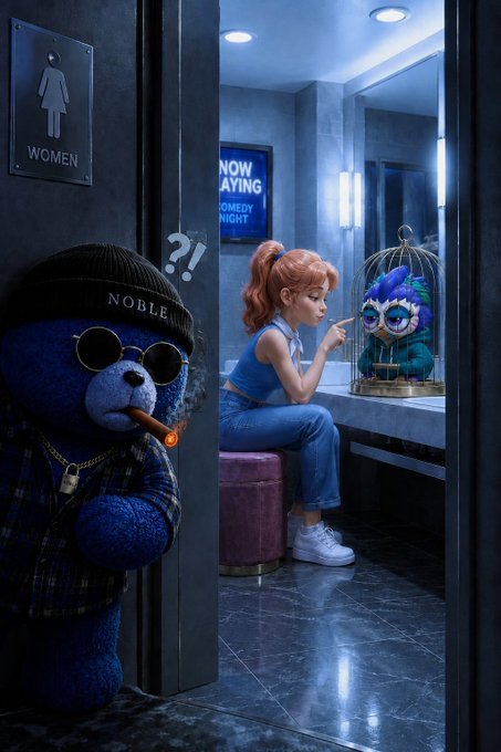 A blue teddy bear labeled 'NOBLE' wearing sunglasses and a beanie smokes a cigar with a '?!' symbol outside a women's restroom, while a woman looks at a colorful bird in a cage inside.