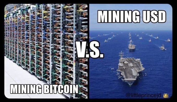 A meme-style image comparing 'MINING BITCOIN' (showing racks of mining hardware) vs. 'MINING USD' (showing a large naval aircraft carrier fleet), watermarked @littleprincejd.