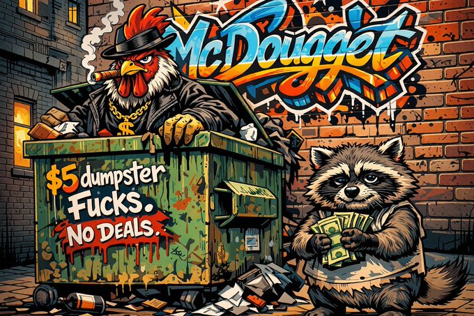 A vibrant street art-style illustration features a graffiti rooster character in gangster attire smoking a cigar next to a dumpster labeled '$5 dumpster Fucks. NO DEALS.', with 'McDougget' graffiti on a brick wall and a raccoon holding cash in the foreground.