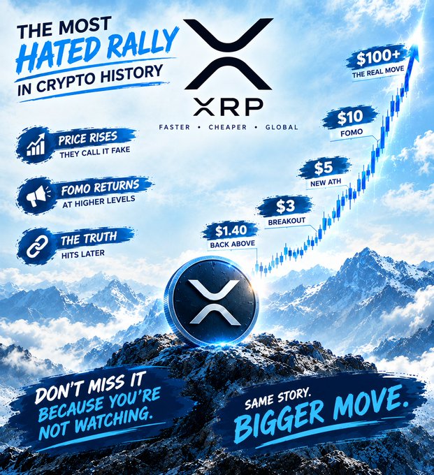 A promotional graphic for XRP cryptocurrency titled 'THE MOST HATED RALLY IN CRYPTO HISTORY', showing a predicted price chart ascending to $100+ with milestones like $1.40 'BACK ABOVE', $3 'BREAKOUT', and $5 'NEW ATH'.