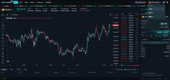A HashKey Pro trading interface displaying a BTC/USD candlestick chart at $61,024.22 with red and green candles, showing order panels and market data on a dark theme.