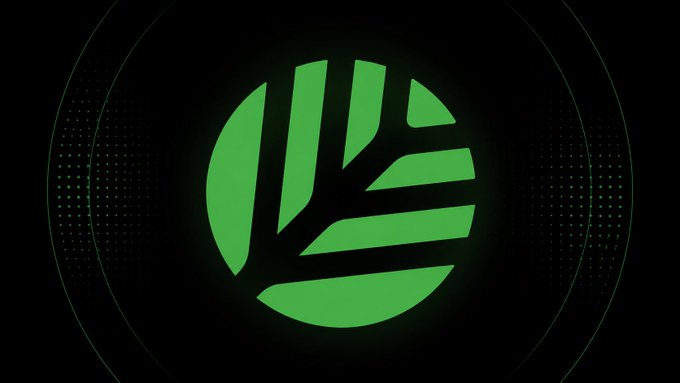 A glowing green stylized leaf or tree logo on a black background with a halftone dot pattern design element on the left side.