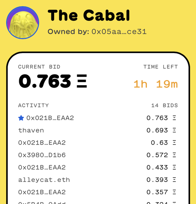 An auction interface for 'The Cabal' NFT owned by 0x05aa...ce31, showing a current bid of 0.763 ETH, 1h 19m time left, and an activity feed listing 14 bids from various users including 0x021B...EAA2 and thaven.
