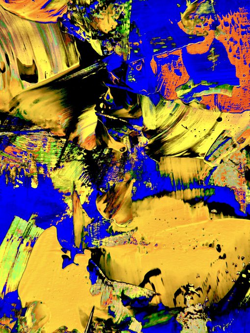 An abstract painting or heavily glitched image featuring chaotic brushstrokes in bright yellow, blue, orange, and green.