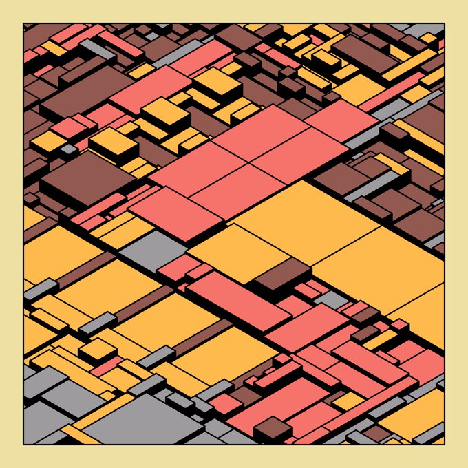 An isometric illustration depicting a sprawling, stylized cityscape composed of rectangular blocks in warm shades of red, orange, brown, and gray.