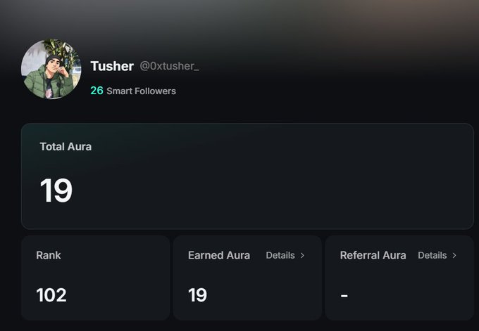 A screenshot of a profile for "Tusher" (@0xtusher_) showing 26 Smart Followers, Total Aura of 19, Rank 102, and Earned Aura of 19.