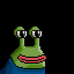 A pixel art illustration of a green frog-like creature with a blue shirt, wide eyes, and a red mouth against a black background.
