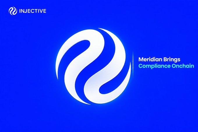 An Injective promotional graphic with a blue background, featuring a white spherical logo and the text 'Meridian Brings Compliance Onchain.'