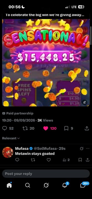 A social media post showing a slot machine-style game called 'SENSATIONAL!' displaying a payout of $15,448.25, posted by @SolMufasa with the caption 'Metawin stays goated'.