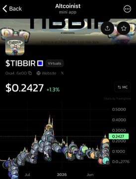 A mobile app screenshot from 'Altcoinist' showing the $TIBBIR virtual token trading at $0.2427 (+13%), displaying a price chart with various colored stacked coin illustrations, market cap of 6.6e09, and volume around 0.3M.