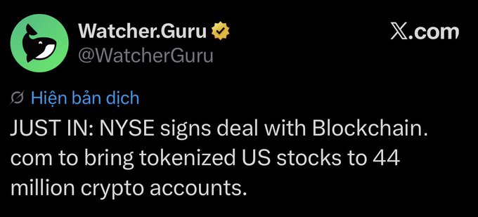 A tweet from Watcher.Guru (@WatcherGuru) reading 'JUST IN: NYSE signs deal with Blockchain.com to bring tokenized US stocks to 44 million crypto accounts.'