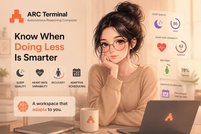 Promotional graphic for 'ARC Terminal - Autonomous Reasoning Computer' featuring an illustrated woman with a laptop, promoting features like Sleep Quality (85), Heart Rate Variability (62 ms), Recovery (78%), and Adaptive Scheduling with the tagline 'Know When Doing Less Is Smarter.'