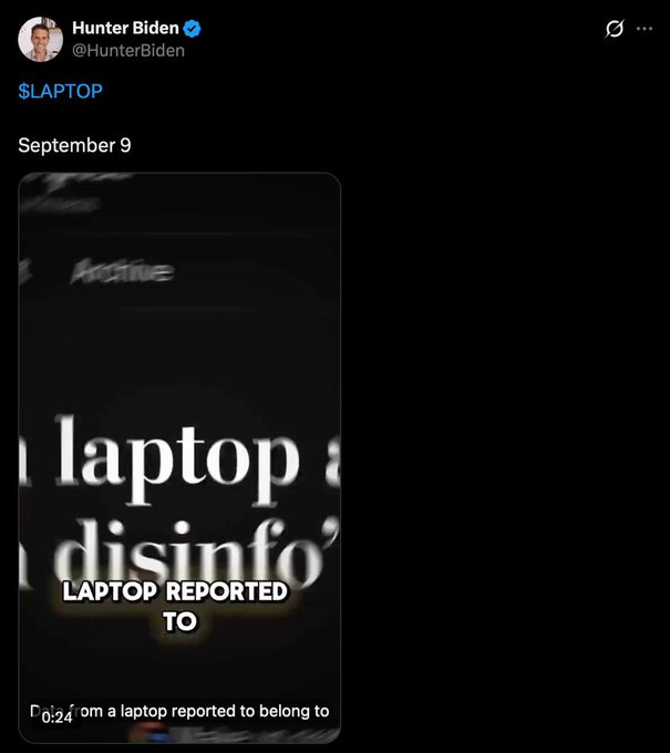 A tweet from @HunterBiden with the text "$LAPTOP" dated September 9, featuring a video with text overlay "LAPTOP REPORTED TO" and "from a laptop reported to belong to" visible.