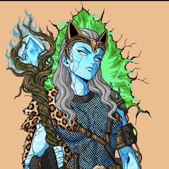 A digital illustration of a blue-skinned warrior woman with white hair, wearing a leopard-print fur and chainmail armor, holding a staff topped with a glowing blue crystal, set against a cracked green energy background.