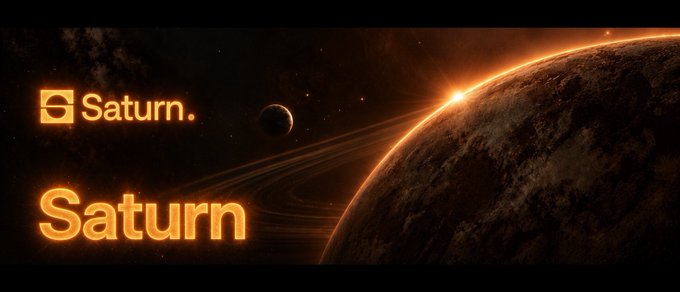 A space-themed graphic featuring a planet with rings against a starry sky, with glowing orange text reading 'Saturn.' and 'Saturn' alongside a logo.