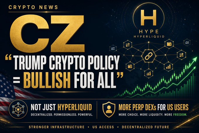 A crypto news graphic with the headline "TRUMP CRYPTO POLICY = BULLISH FOR ALL," featuring "CZ" in large gold letters, a "HYPE HYPERLIQUID" logo, and a rising green chart.