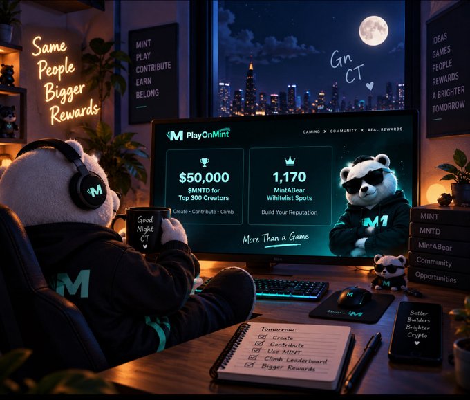 An illustration of a bear character wearing headphones sitting at a desk at night, looking at a monitor displaying "PlayOnMint" with rewards of "$50,000 $MNTD for Top 300 Creators" and "1,170 MintABear Whitelist Spots," surrounded by notes like "Same People Bigger Rewards" and a notebook listing tasks.