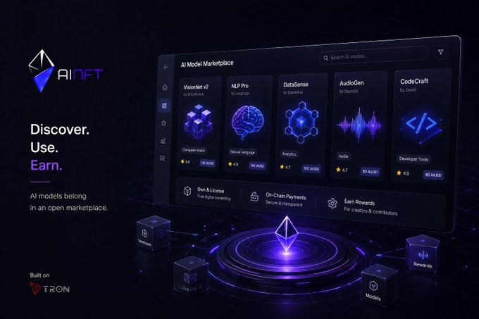 A promotional image for an 'AI NFT' marketplace on the TRON blockchain, featuring AI models like VisionNet v2, NLP Pro, DataSense, AudioGen, and CodeCraft with a 'Discover. Use. Earn.' tagline.
